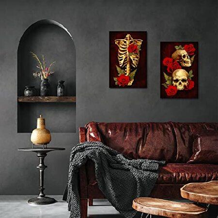 激安、お得 Zlove 2ピースセット Rese Skull キャンバス ウォールアート 抽象的 人間の頭蓋骨 赤い花 ヴィンテージ スケルトン 絵 寝室 リビングルーム 装飾 枠張り済み す