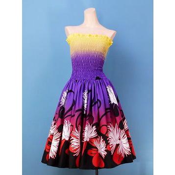 フラダンス グラデーション シャーリング ミディ丈ドレス イエロー