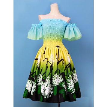 フラダンス グラデーション シャーリング ミディ丈ドレス ブルー