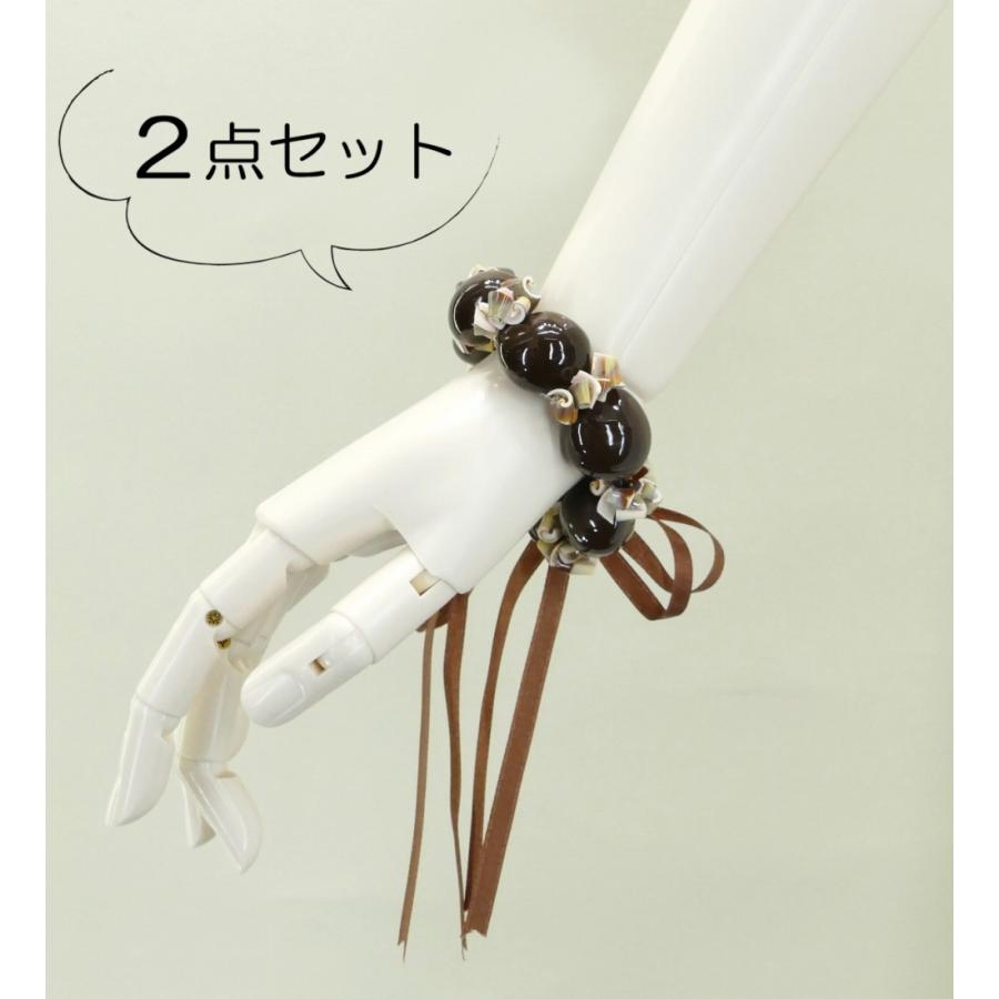 フラダンス ストロベリーシェル（マガキ貝）&ククイ ブレスレット 2点セット ブラウン 1498br | 