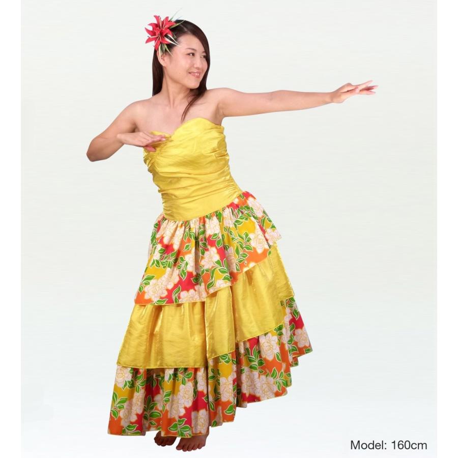 【美品 フラメンコ衣装】イエローグリーン×フリル ドレス 胸パット付き フラドレス ミディ丈 クリスタルシャインイエロー LLサイズ