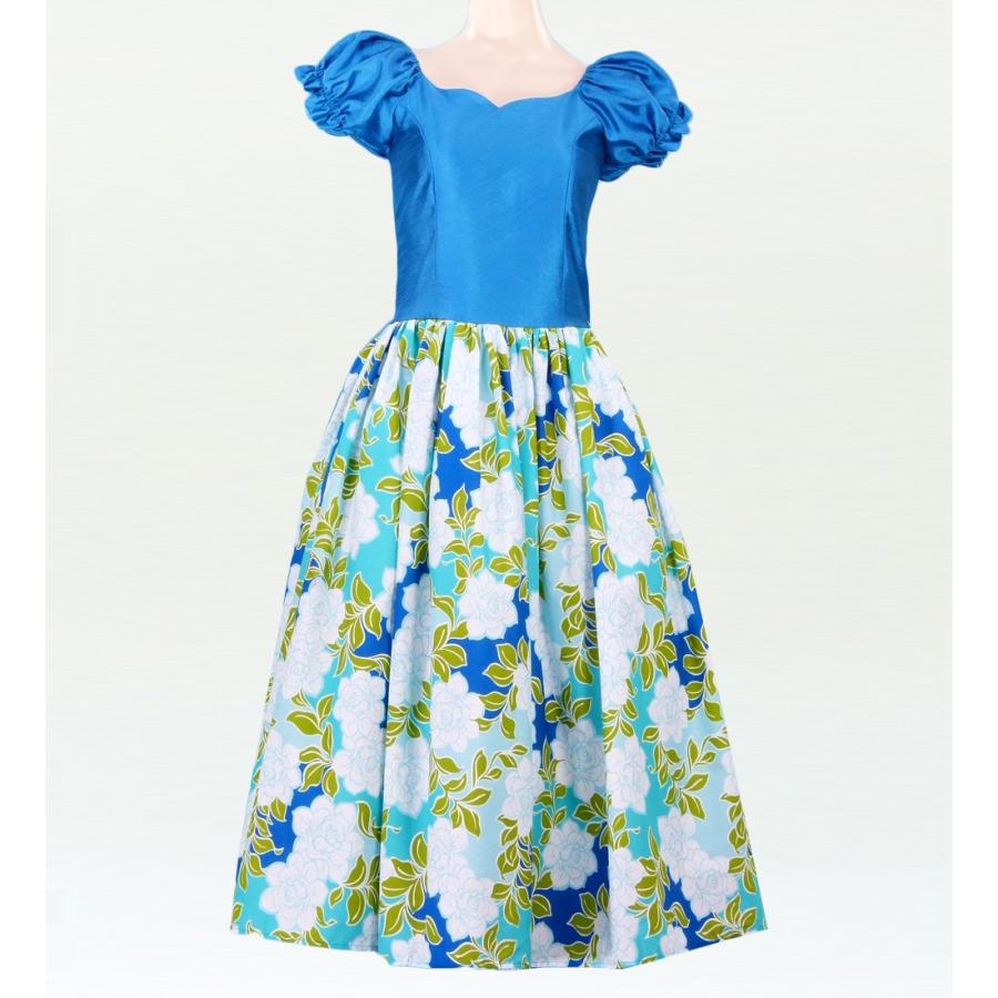 フラダンス ムームー パフスリーブ ロング丈 ドレス クリスタルシャインブルー Fサイズ 1626blF | 