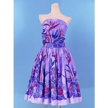 ハンドメイド フラダンス用紫花柄ドレス衣装(ムームー) フラダンス ムームー フリル ミディ丈ドレス パープル LLサイズ
