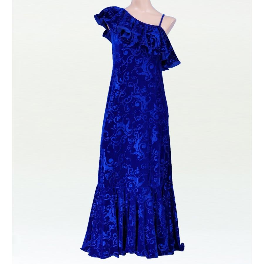 フラダンス ワンショルダー型押しベルベットドレス ロング丈 ブルー 3Lサイズ 1841blLLL | 