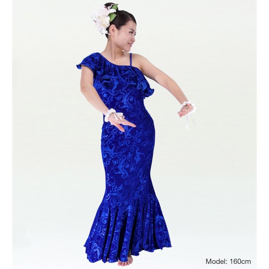 フラダンス ワンショルダー型押しベルベットドレス ロング丈 ブルー 3Lサイズ 1841blLLL |  | 01