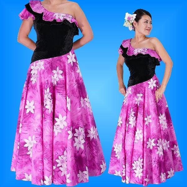 フラダンス ワンショルダー ベルベット斜め切り替え ドレス ピンク LLサイズ 1882piLL | 