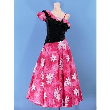 フラダンス ワンショルダー ベルベット斜め切り替え ドレス レッド LL