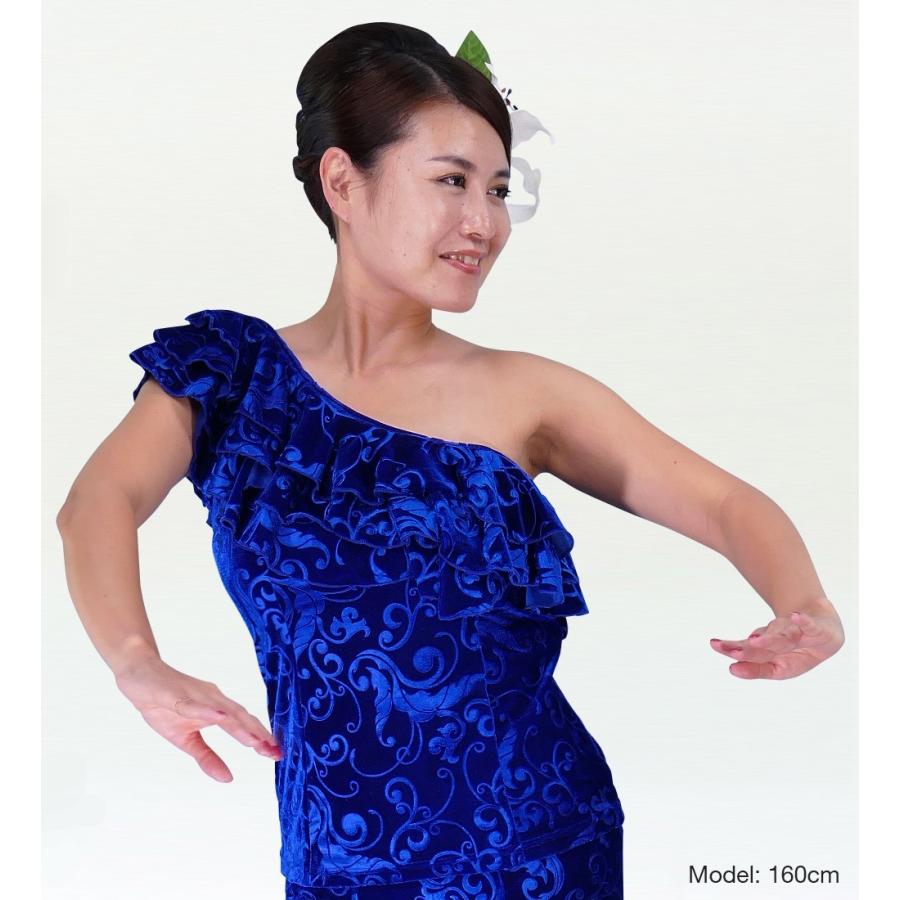 フラダンス 型押しベルベット ワンショルダーフリルブラウス ブルー M