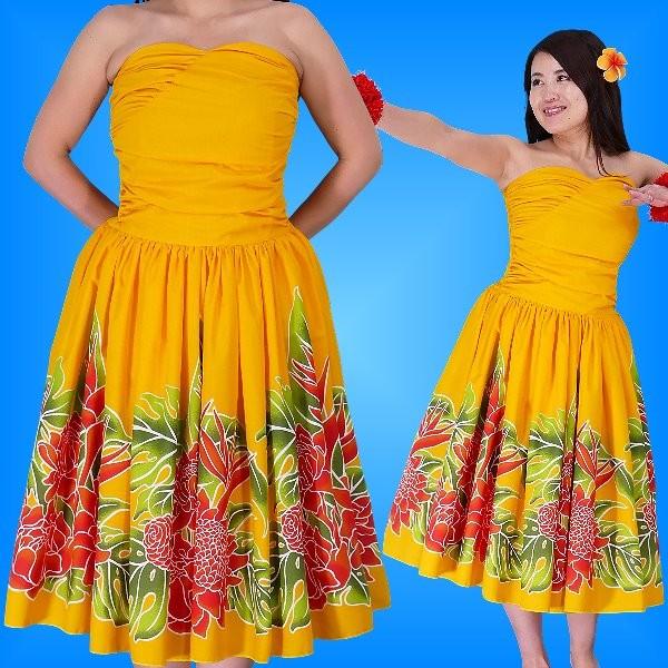 フラダンス ムームー フロントドレープミディ丈ドレス イエロー Fサイズ 1958yF | 