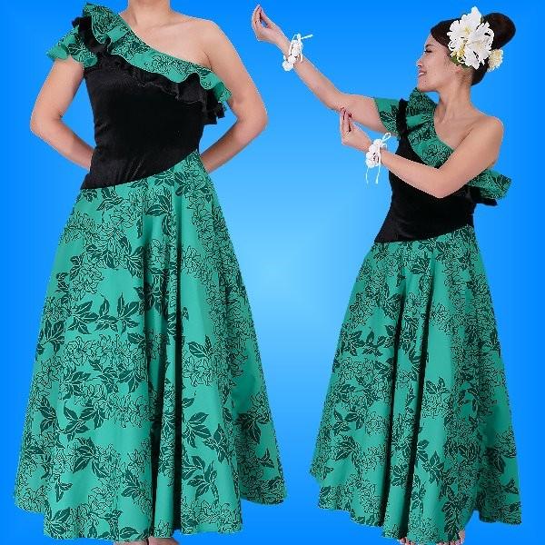 フラダンス ワンショルダー ベルベット斜め切り替え ドレス グリーン LLサイズ 1967gLL | 