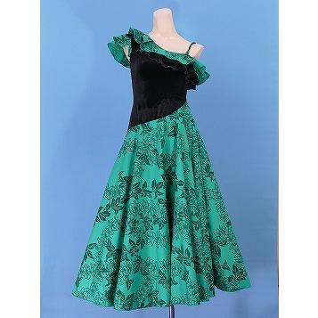 フラダンス ワンショルダー ベルベット斜め切り替え ドレス グリーン