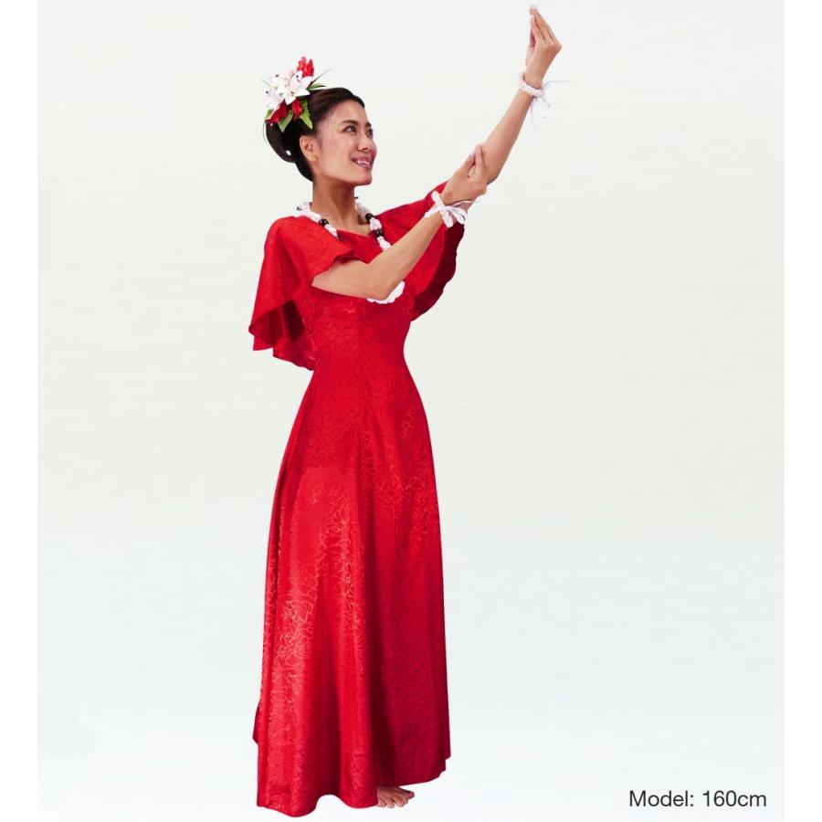 フラダンス ムームー フリル袖 ロング丈ドレス レッド M(F
