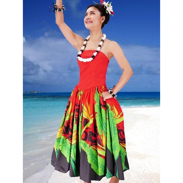 フラダンス ムームー ストラップレス ミディ丈ドレス レッド Fサイズ