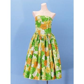 フラダンス ムームー ストラップレス ミディ丈ドレス グリーン Fサイズ