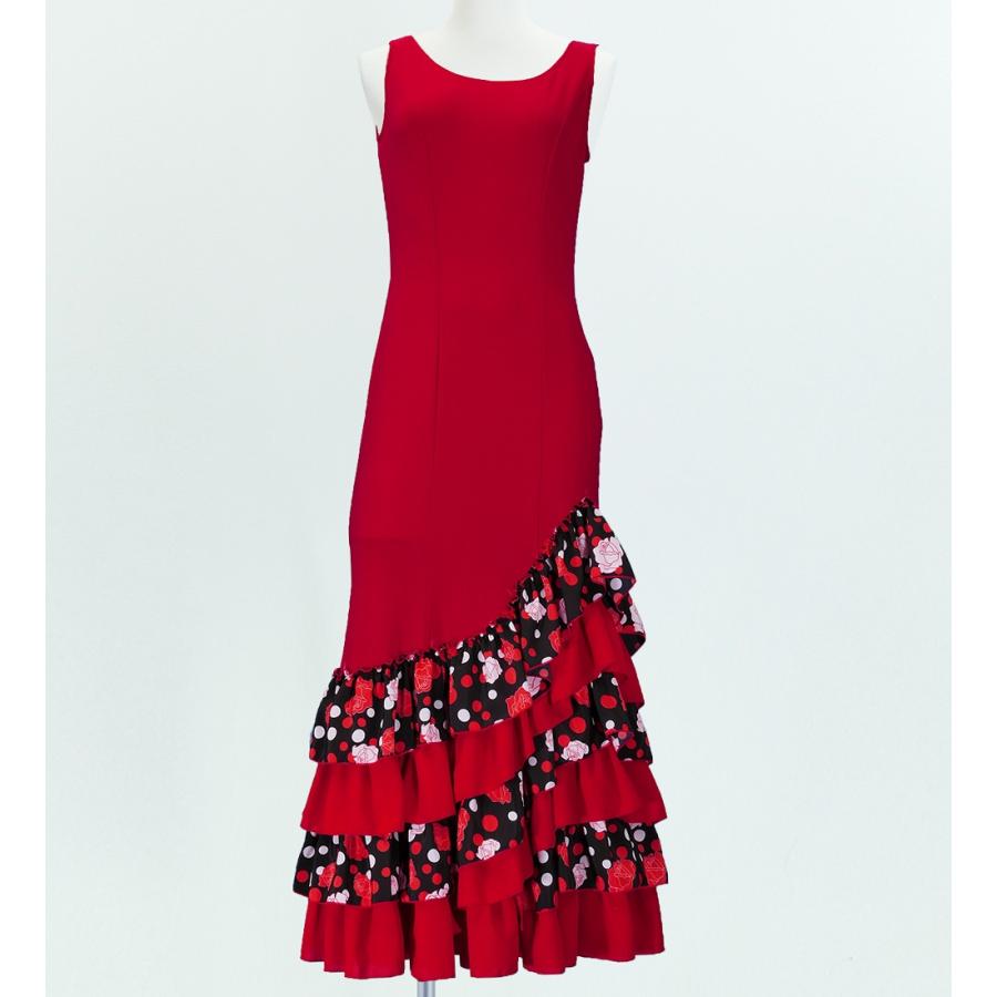 フラメンコ ローズ&水玉 フリル ワンピース レッド×ブラック フリーサイズ 2341rbf | 