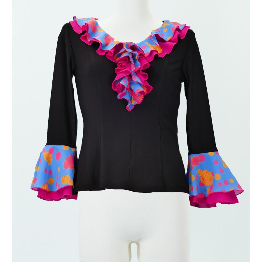 フラメンコ ローズ&水玉 フリル ブラウス ブラック×ブルー フリーサイズ 2349bblf | 