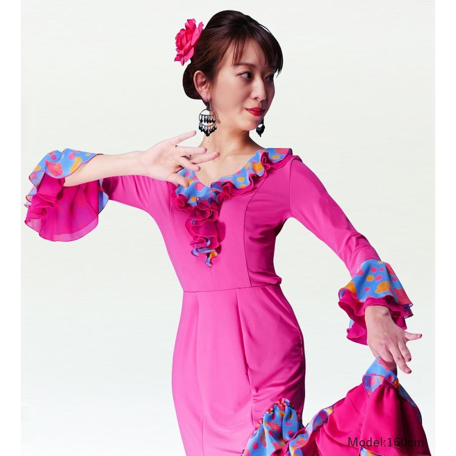 フラメンコ ローズ&水玉 フリル ブラウス ピンク×ブルー フリーサイズ