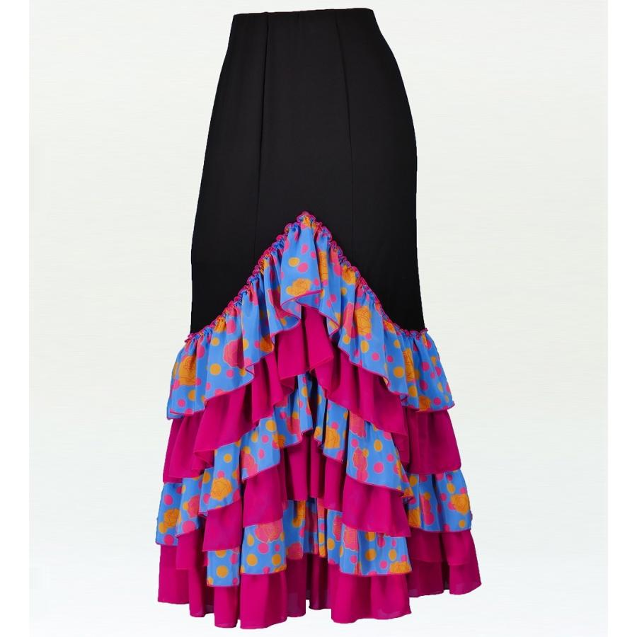 フラメンコ ローズ&水玉 フリル マーメイド ファルダ スカート ブラック×ブルー フリーサイズ 2350bblf | 