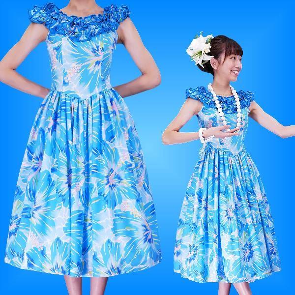 フラダンス ムームー フリル ミディ丈ドレス ブルー Fサイズ 2380blF | 