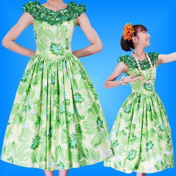 フラダンス ムームー フリル ミディ丈ドレス グリーン Fサイズ 2380grF | 