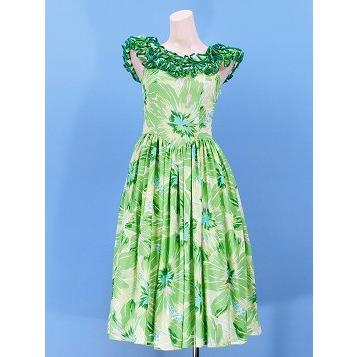 【大きめサイズ】MUUMUU FACTORY フラダンスドレス グリーン　長袖 大きめサイズ】MUUMUU FACTORY フラダンスドレス グリーン 長袖