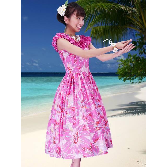 フラダンス ムームー フリル ミディ丈ドレス ピンク Fサイズ フラダンス ムームー フリル ミディ丈ドレス ピンク Fサイズ