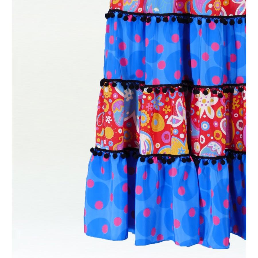 フラメンコ フリル ワンピース レッド×ライトブルー