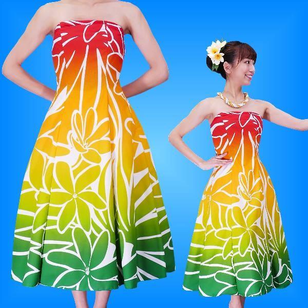 フラダンスムームー ストラップレス　ミディ丈ドレス レッド×グリーン Fサイズ 2428rdgrF | 