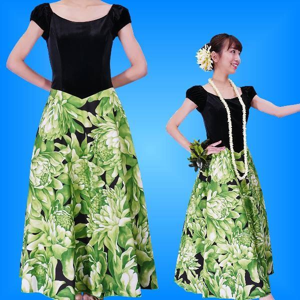 フラダンス ベロア×ハワイアンファブリックドレス  グリーン LLサイズ 2432grLL | 