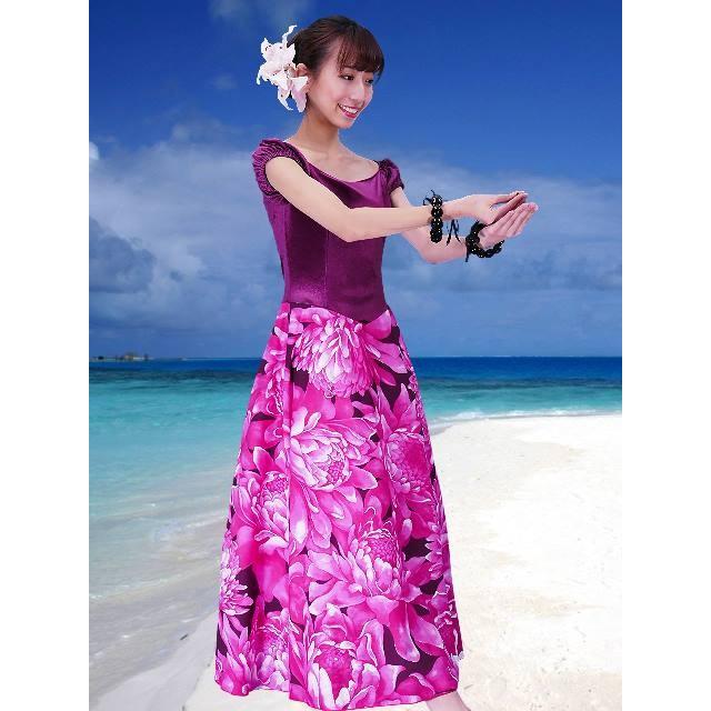 フラダンス ベロア×ハワイアンファブリックドレス ピンク LLサイズ 2432piLL