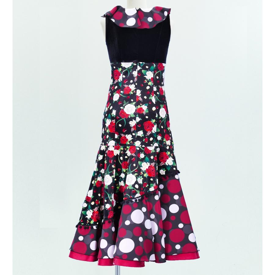 フラメンコ 胸元フリル 斜め切り替えベルベット×コシボ ワンピース ブラック×ブラック フリーサイズ　2443bkbkf |  | 02