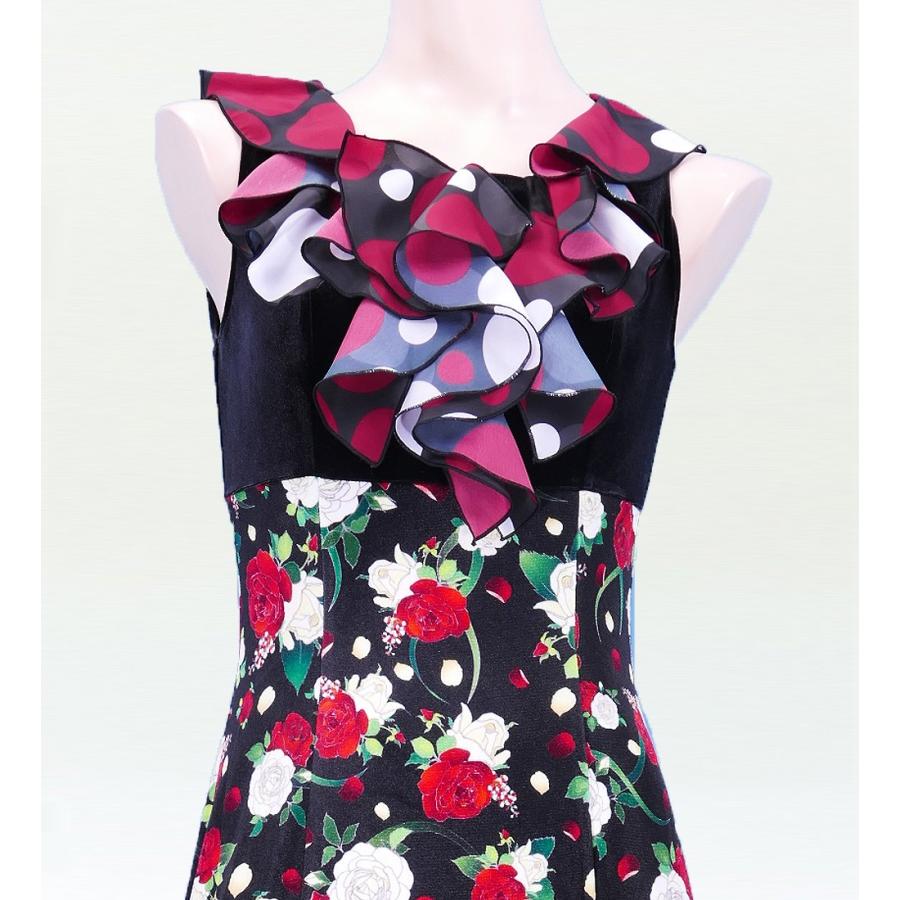 フラメンコ 胸元フリル 斜め切り替えベルベット×コシボ ワンピース ブラック×ブラック フリーサイズ　2443bkbkf |  | 03