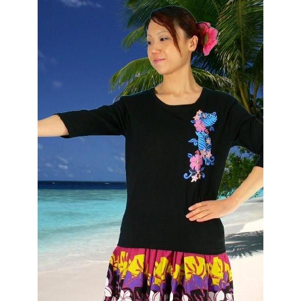 フラダンス 7分袖 Tシャツ L 縦ライン ハイビスカス ブラック 759lb
