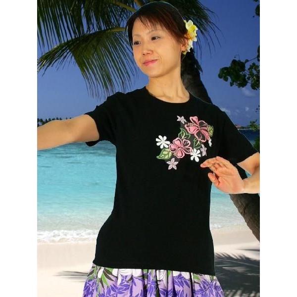 フラダンス Tシャツ L ハイビスカス&ティアレ ブラック 790lb |  | 01