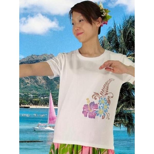 フラダンス Tシャツ [L]  ハイビスカス・ティアレ ホワイト 982lw |  | 01