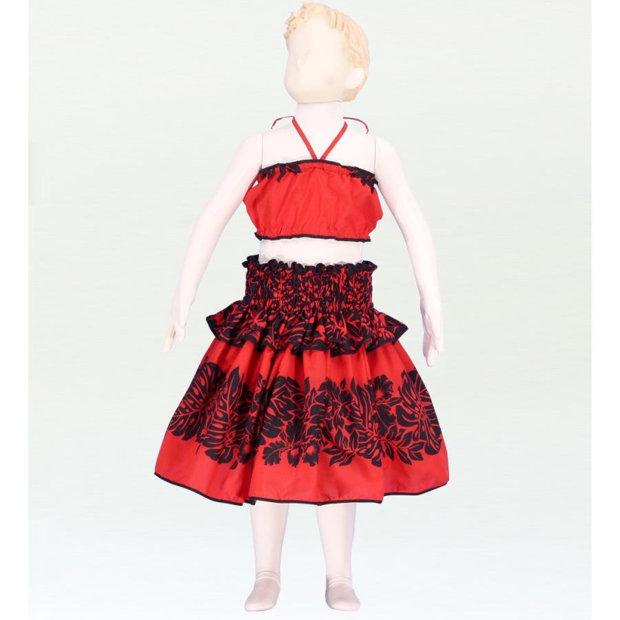 キッズ　フラダンスセット フラダンス ケイキ パイピングフリル 上下 セットキッズ レッド