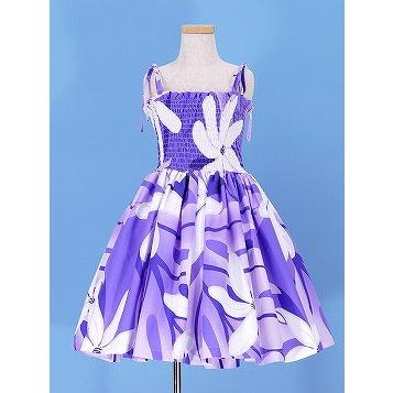 ハンドメイド フラダンス用紫花柄ドレス衣装(ムームー) フラダンス ムームー フリル ミディ丈ドレス パープル LLサイズ