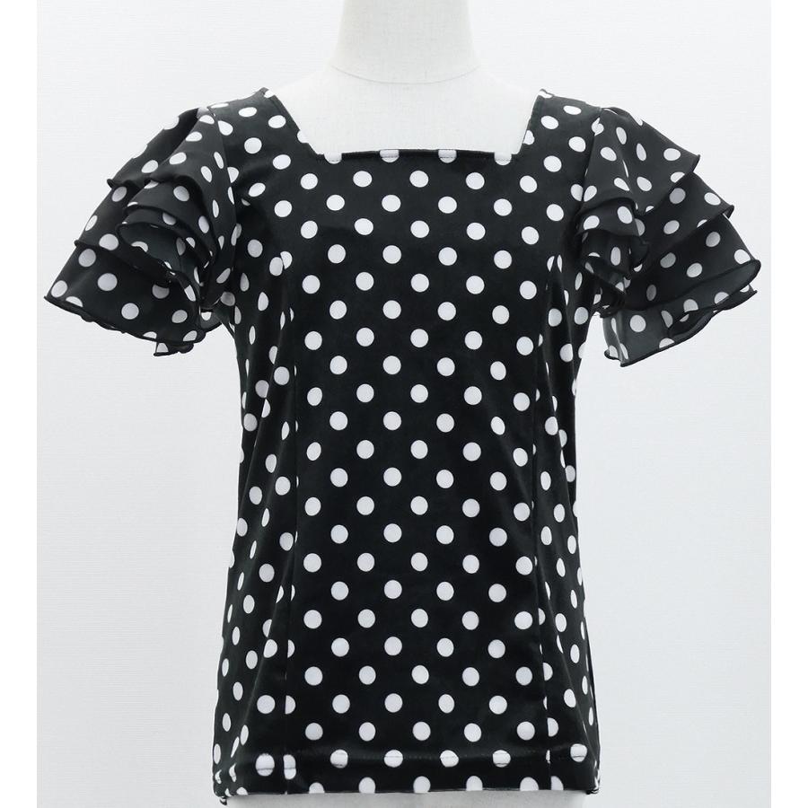 キッズ フラメンコ 選べる襟ぐり 3段フリルスリーブ ブラウス 水玉 ブラック×ホワイト 120・140サイズ FBp-21 |  | 02