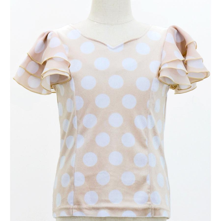 キッズ フラメンコ 選べる襟ぐり 3段フリルスリーブ ブラウス 水玉 ライトベージュ×ホワイト 120・140サイズ FBp-22 |  | 02