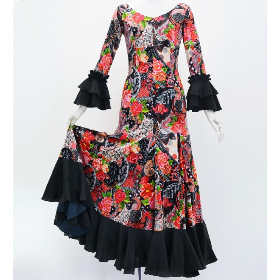 フラメンコ ベルベット フリル ワンピース パッチワーク柄 ブラック×レッド S-Lサイズ FD-4 |  | 03
