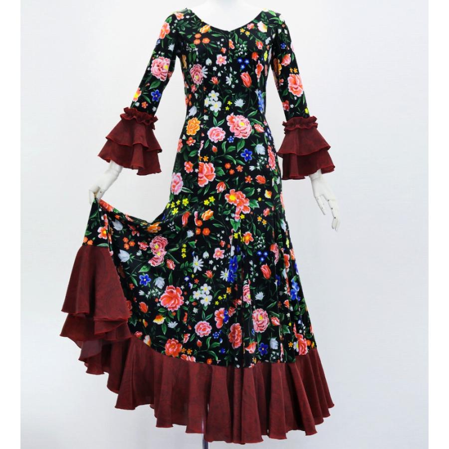 フラメンコ ベルベット フリル ワンピース 花柄 ブラック＆レッド S-Lサイズ FD-5 |  | 03