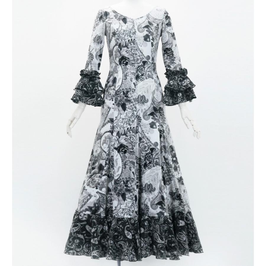 フラメンコ ベルベット フリル ワンピース パッチワーク柄 グレー＆ブラック S-Lサイズ FD-6 | 