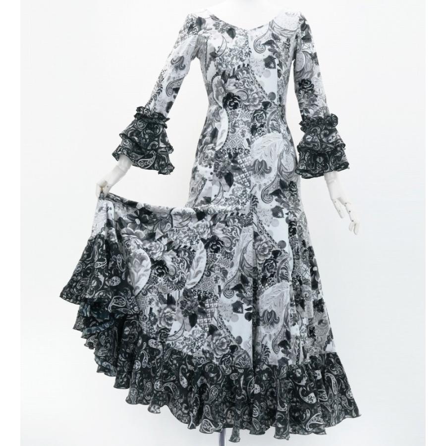フラメンコ ベルベット フリル ワンピース パッチワーク柄 グレー＆ブラック S-Lサイズ FD-6 |  | 03