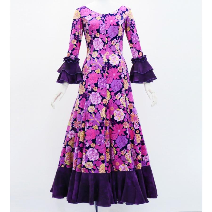 フラメンコ ベルベット フリル ワンピース モダンフラワー ネイビー×ピンク＆ダークパープル S-Lサイズ FD-8 | 