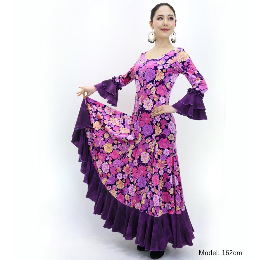 フラメンコ ベルベット フリル ワンピース モダンフラワー ネイビー×ピンク＆ダークパープル S-Lサイズ FD-8 |  | 01