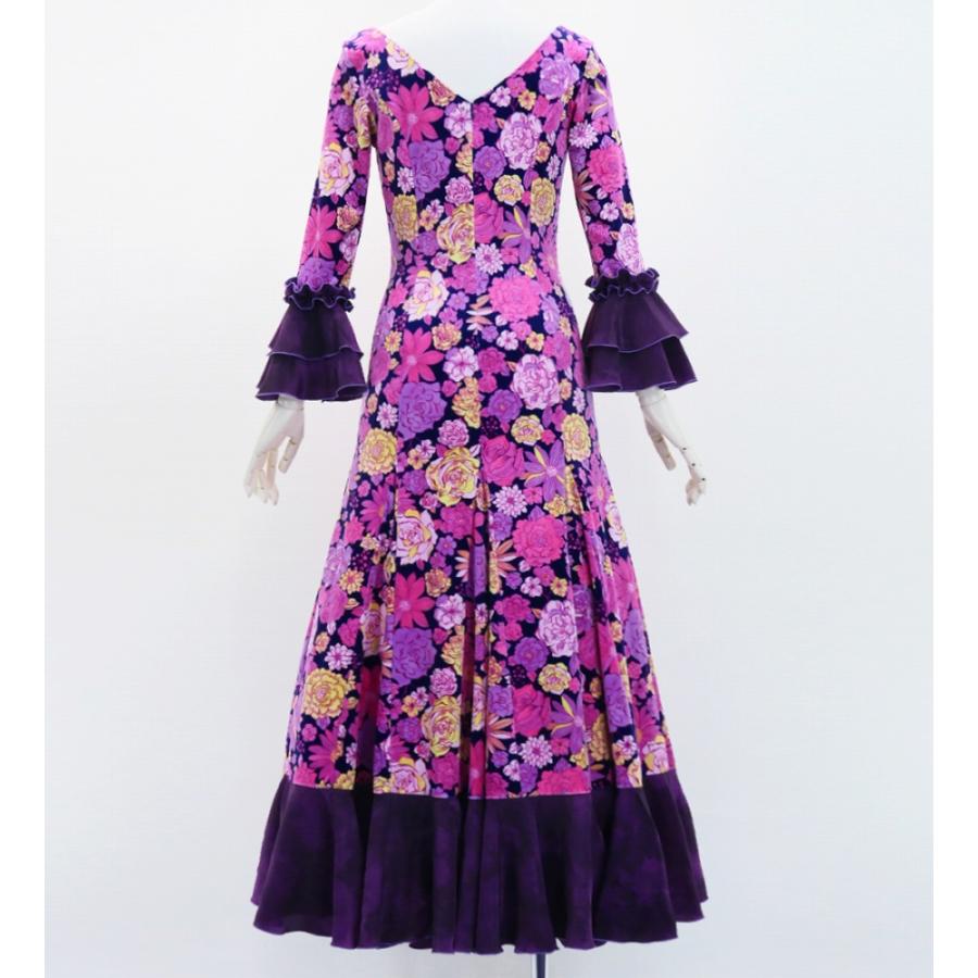 フラメンコ ベルベット フリル ワンピース モダンフラワー ネイビー×ピンク＆ダークパープル S-Lサイズ FD-8 |  | 02