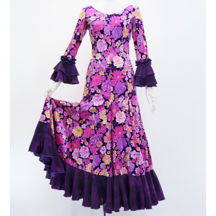 フラメンコ ベルベット フリル ワンピース モダンフラワー ネイビー×ピンク＆ダークパープル S-Lサイズ FD-8 |  | 03