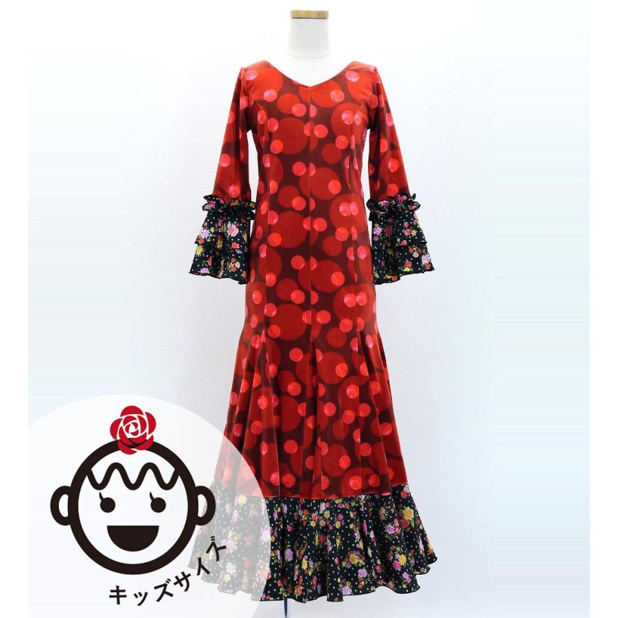 キッズ フラメンコ ベルベット フリル ワンピース 水玉 レッド＆ブラック 120・140サイズ FDp-3 | 