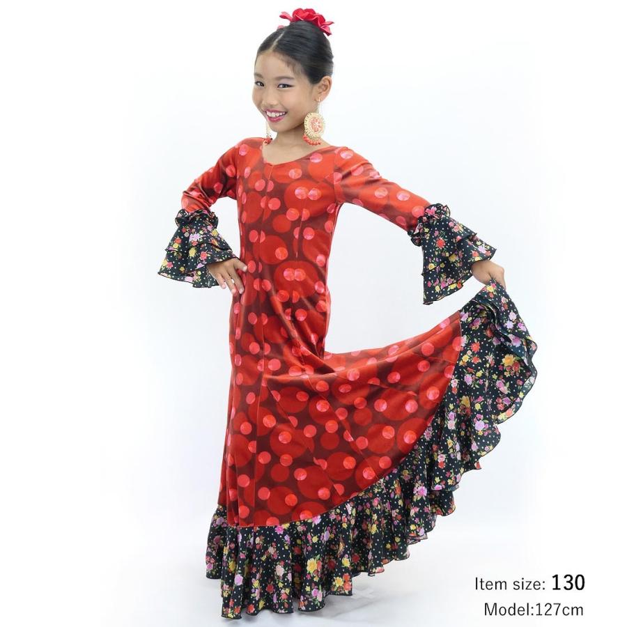 キッズ フラメンコ ベルベット フリル ワンピース 水玉 レッド＆ブラック 120・140サイズ FDp-3 |  | 01