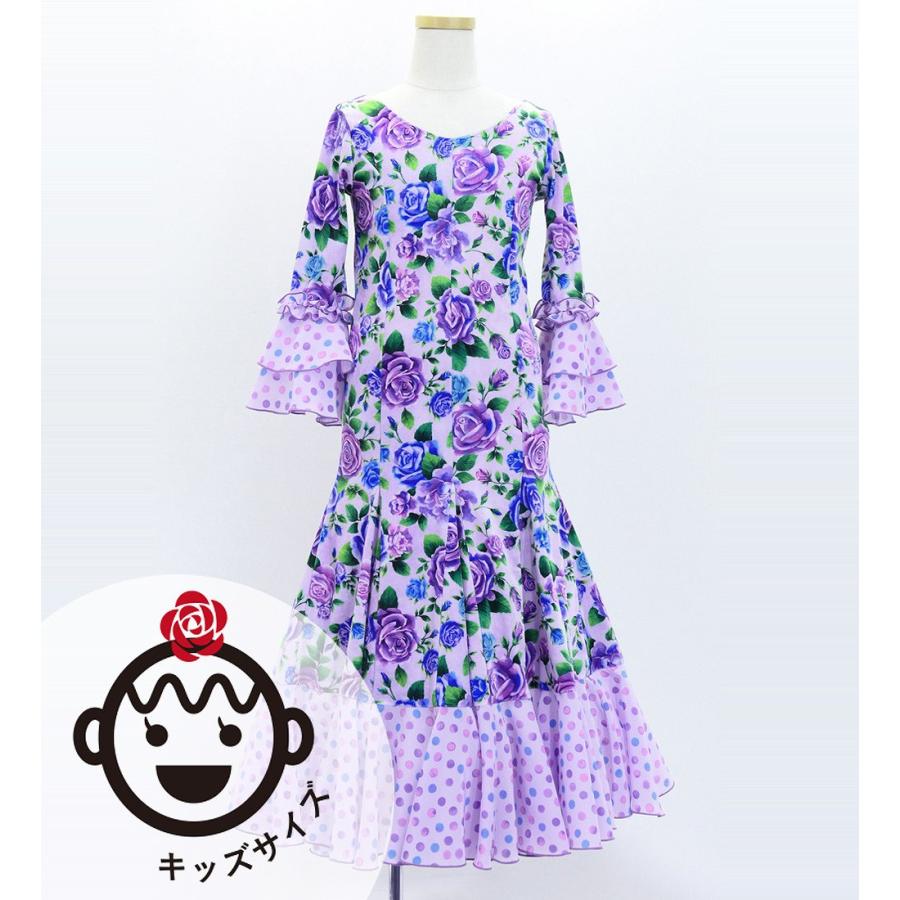 キッズ フラメンコ ベルベット フリル ワンピース ローズ ラベンダー 120・140サイズ FDp-6 | 